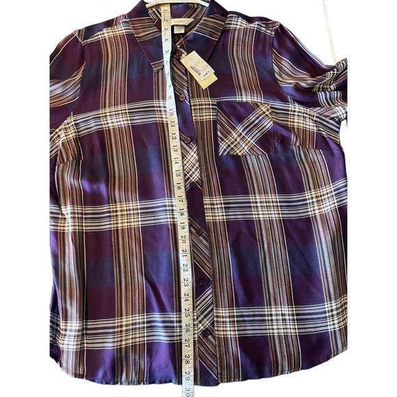 New With Tags! CJ Banks purple navy brown plaid button up, Women’s XL casual - Picture 6 of 8